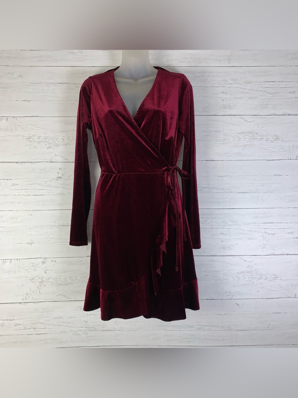 New Look velvet burgundy wrap ruffle mini dress long sleeve womens size small